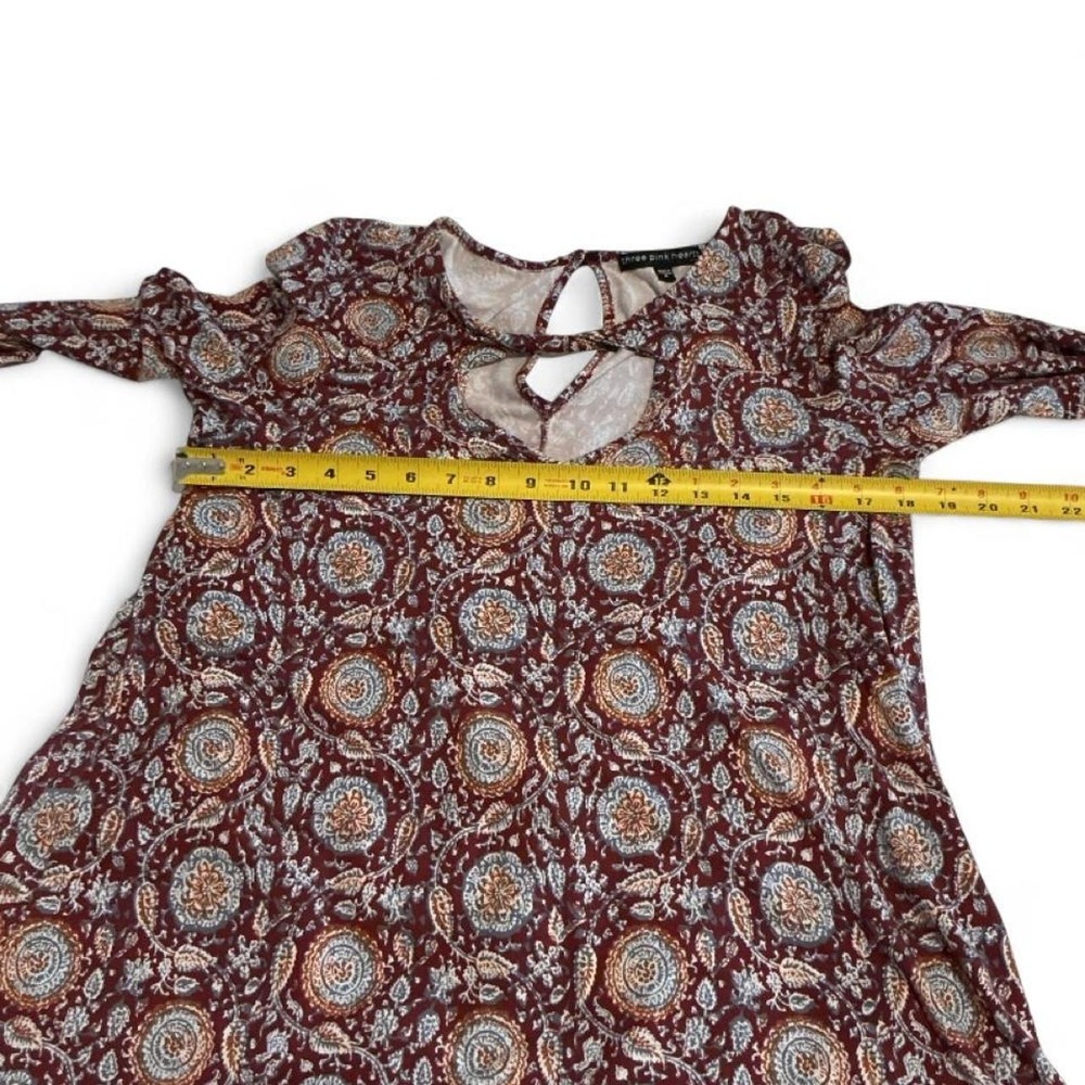 Three Pink Hearts Dress Women M Burgundy Excellent Boho Medallion Keyhole Mini - Picture 5 of 8